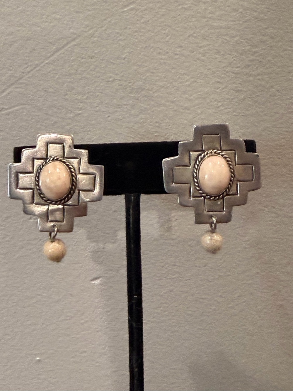 Sterling Silver Southwestern Stepped Cross Clip Earrings White Stone Cabochon